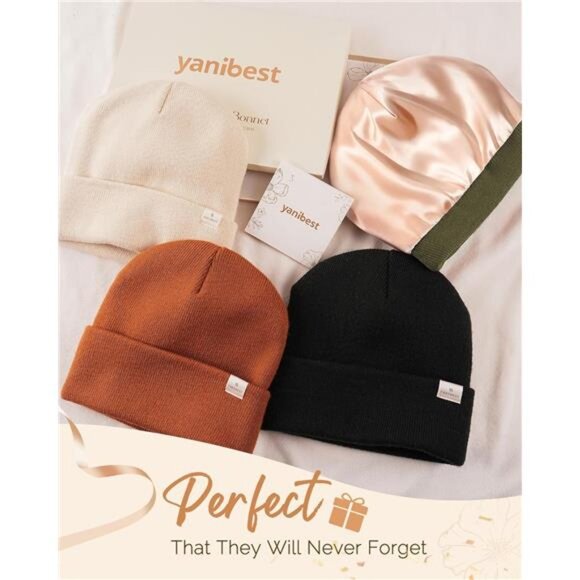 Womens Satin Lined Knit Beanie Hat Beige - Picture 6 of 6